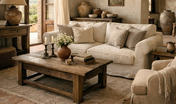 Tuscan style living room with a fabric slipcover sofa - warm rustic interior design
