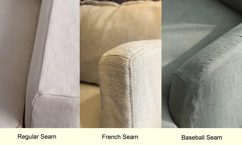 Comparison of three slipcover seam types — Regular Seam, French Seam, and Baseball Seam — for durable fabric slipcover construction
